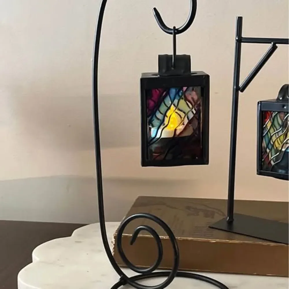 Set of 2 Stained Glass Style Hanging Lanterns with Black Metal Stands